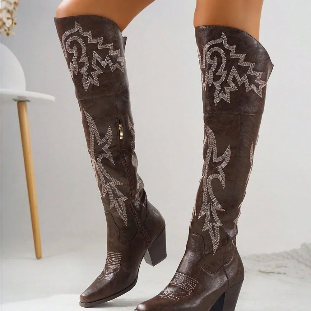 Dark Brown Women's Embroider Thigh High country  rodeo Western Cowboy Boots - Picture 4 of 6